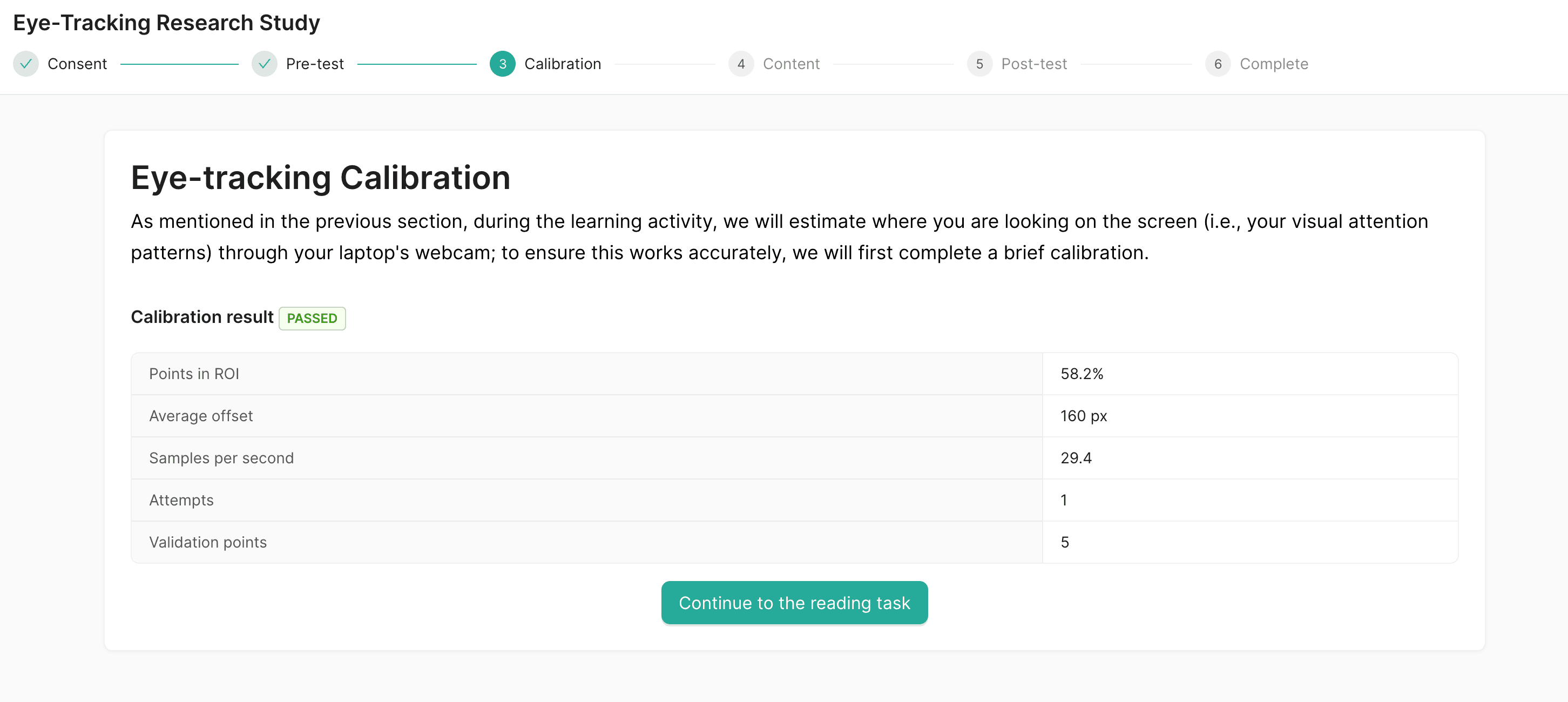 Eye-tracking calibration validation summary